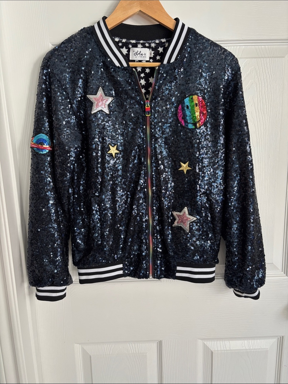 Lola + The Boys Navy Out Of This World Sequin Bomber Jacket Girls Size 14